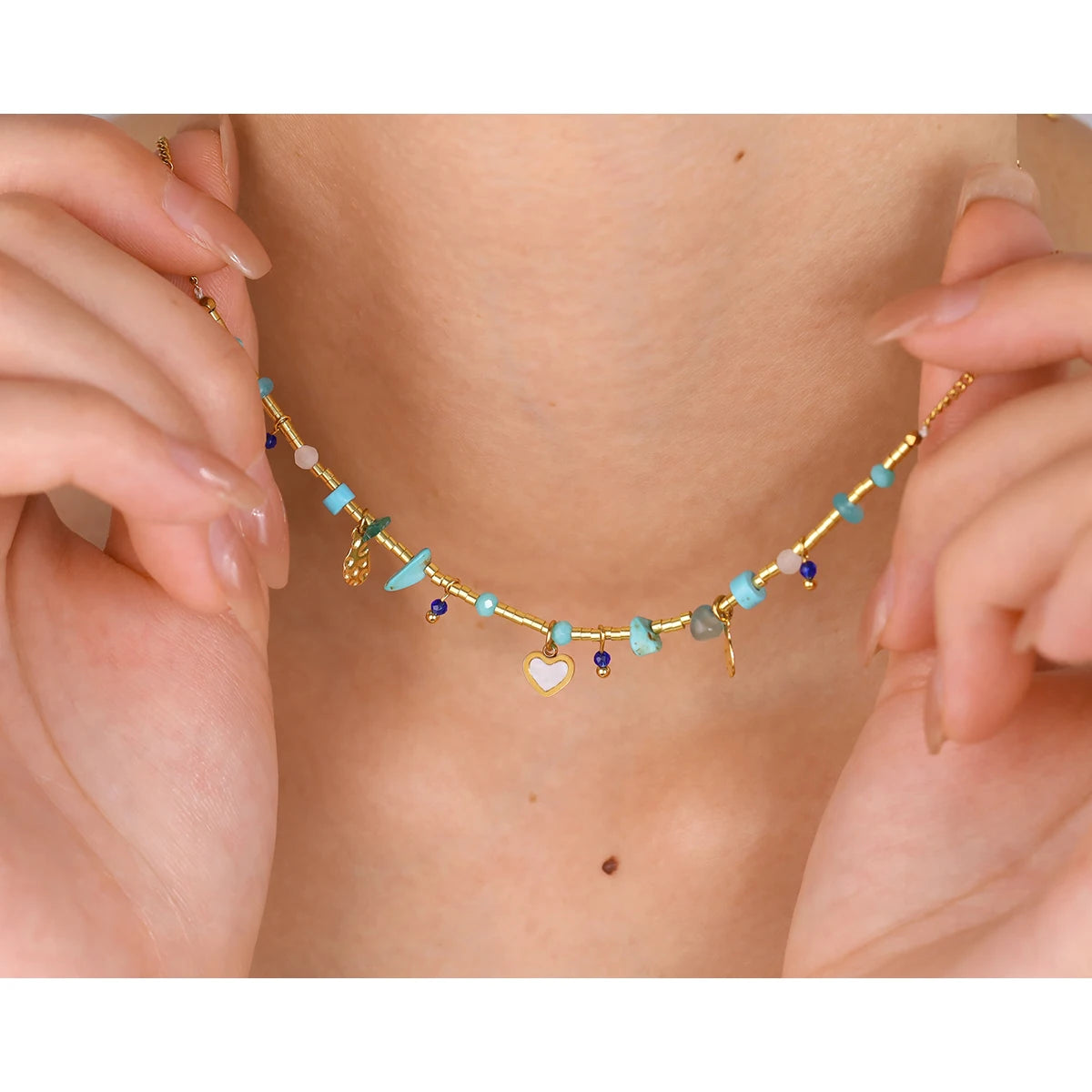 YACHAN Boho Luxury Natural Stone Stainless Steel Necklace for Women Vintage Ethnic Chic 18K Gold Plated Trendy Jewelry