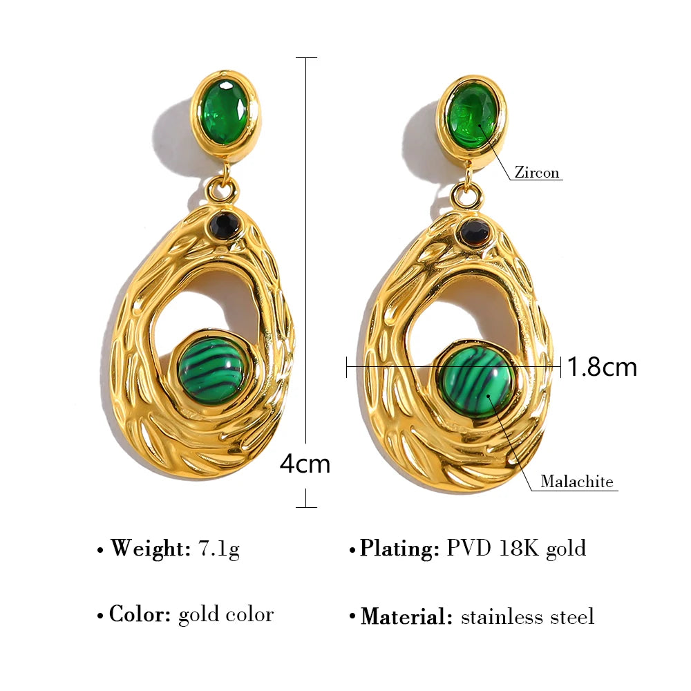 YACHAN Stainless Steel Luxury Green Stone Zircon Drop Earrings for Women Irregular Dangle Earring Aesthetic Jewelry