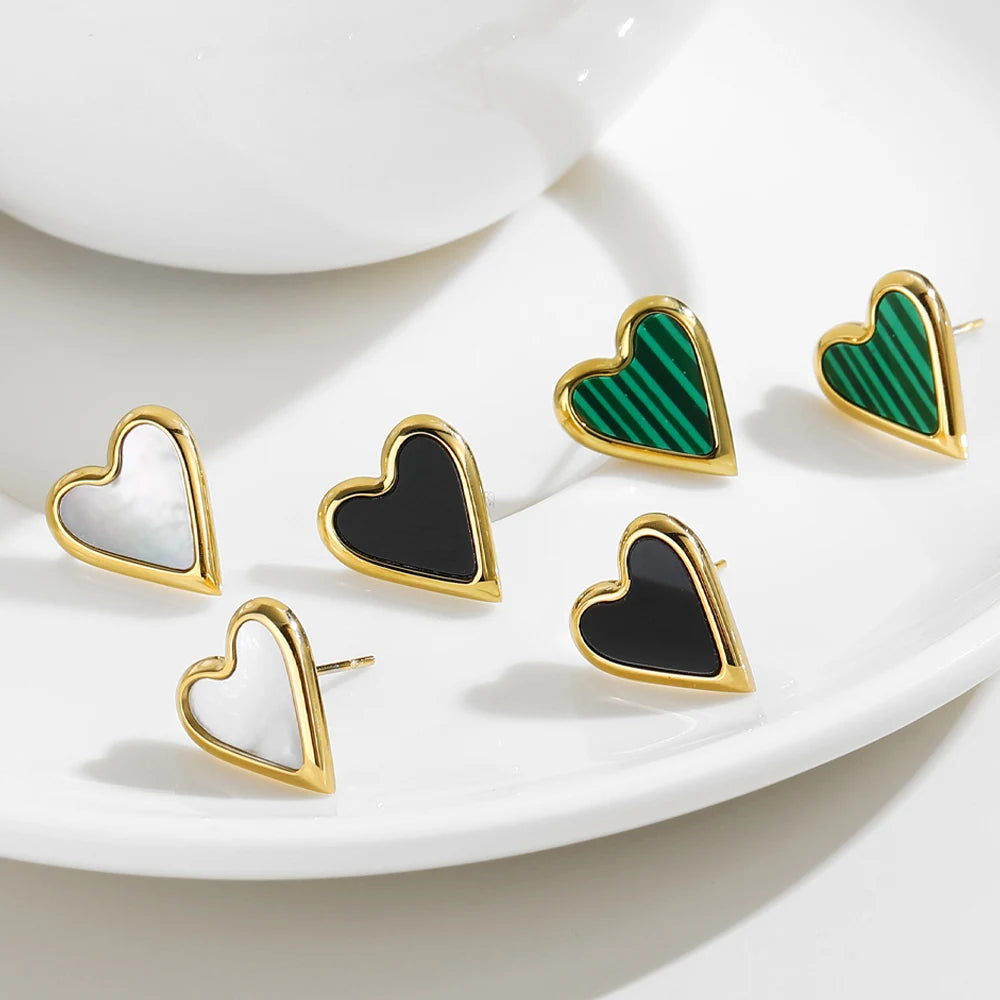 YACHAN Korean Heart Stainless Steel Stud Earrings Vintage Green Natural Stone Romantic Cute Jewelry for Women