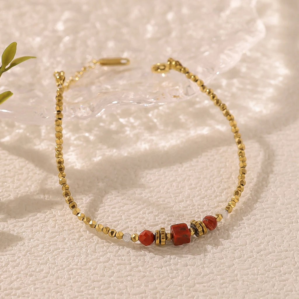 YACHAN 18K Gold Plated Stainless Steel Beaded Bracelet for Women Vintage Luxury Red Natural Stone Jewelry Waterproof