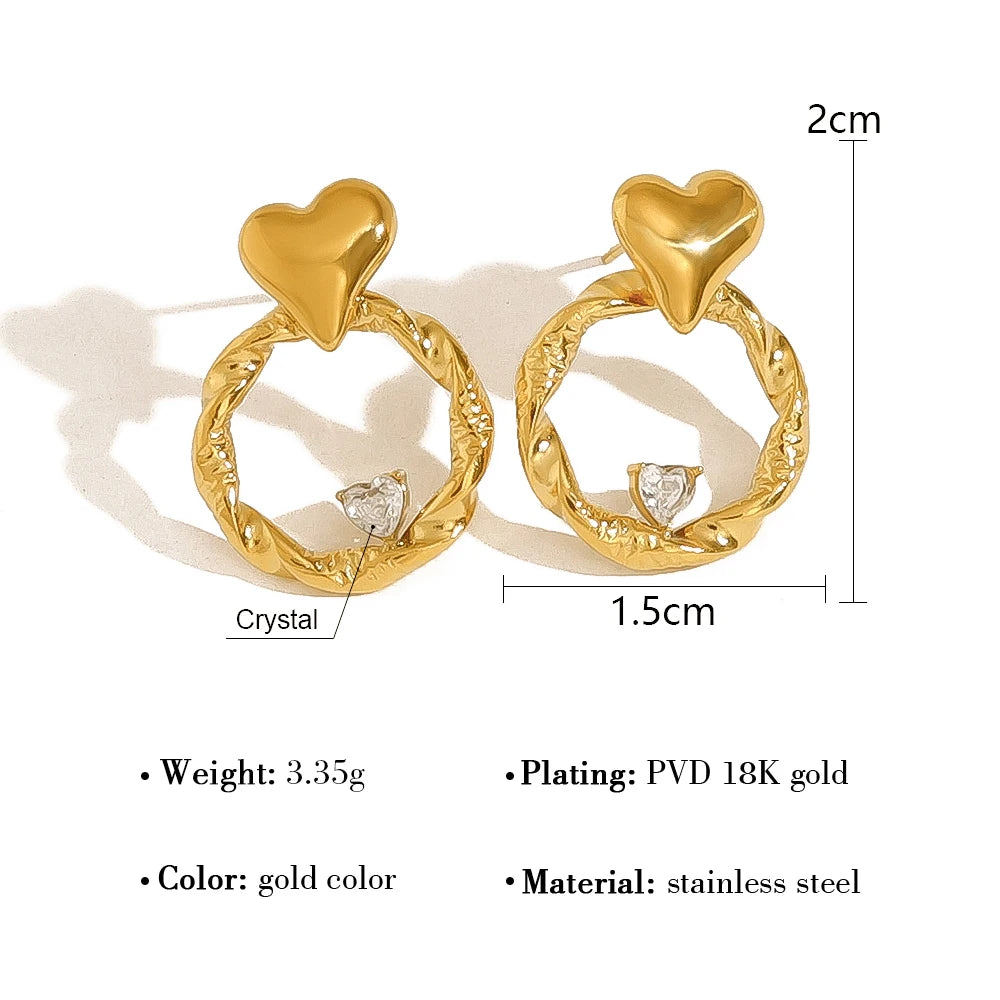 YACHAN Trendy Heart Crystal Stainless Steel Stud Earrings for Women Exquisite Chic Irregular 18K Gold Plated Jewelry
