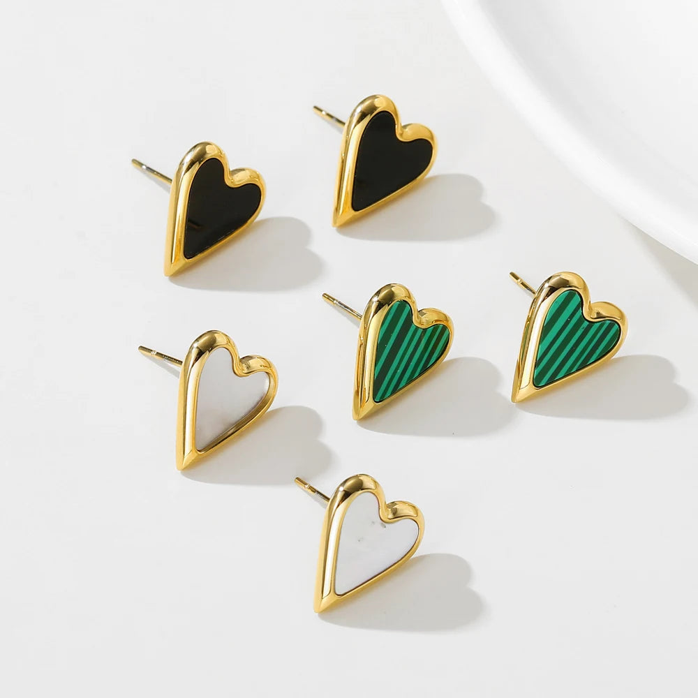 YACHAN Korean Heart Stainless Steel Stud Earrings Vintage Green Natural Stone Romantic Cute Jewelry for Women