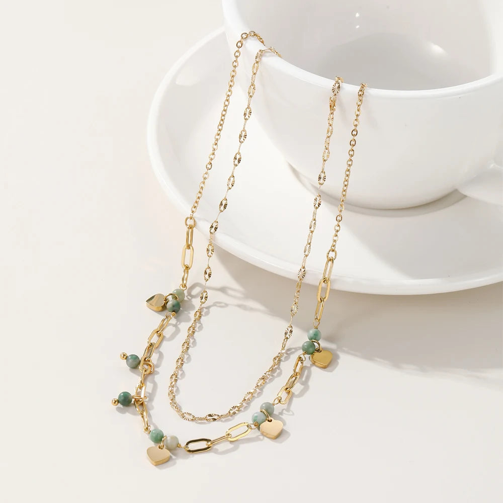 YACHAN Double Layer Stainless Steel Chains Splice Necklace for Women 18K Gold Plated Chain Heart Pendant Necklaces Jewelry Gift