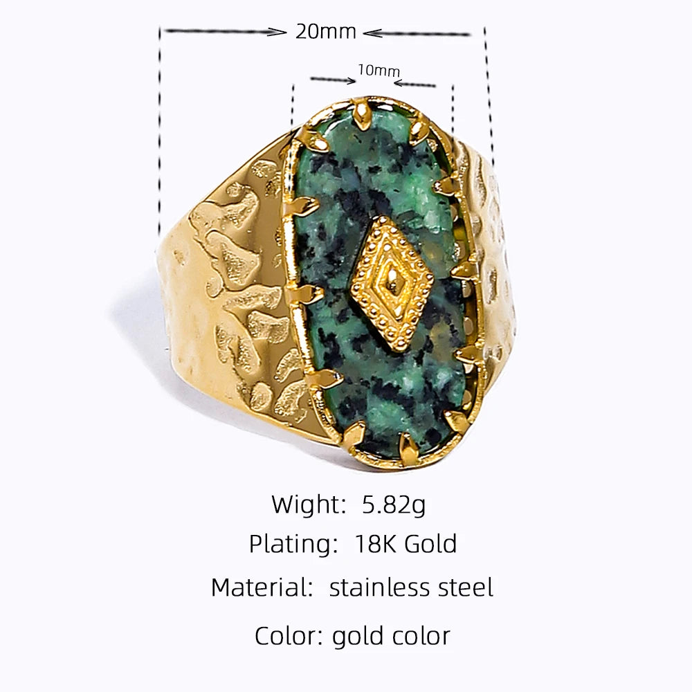 YACHAN Stainless Steel Wide Rings for Women 18 K Gold Plated Tap Metal Texture Natural Stone Wide Ring Trendy Jewelry Gift