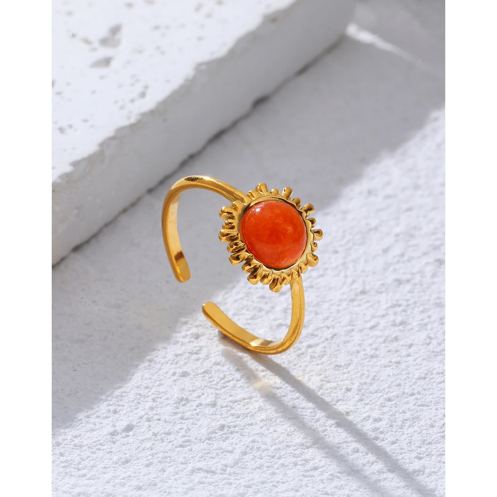 YACHAN Orange Natural Stone Stainless Steel Rings for Women Retro Luxury 18K Gold Plated Jewelry Waterproof