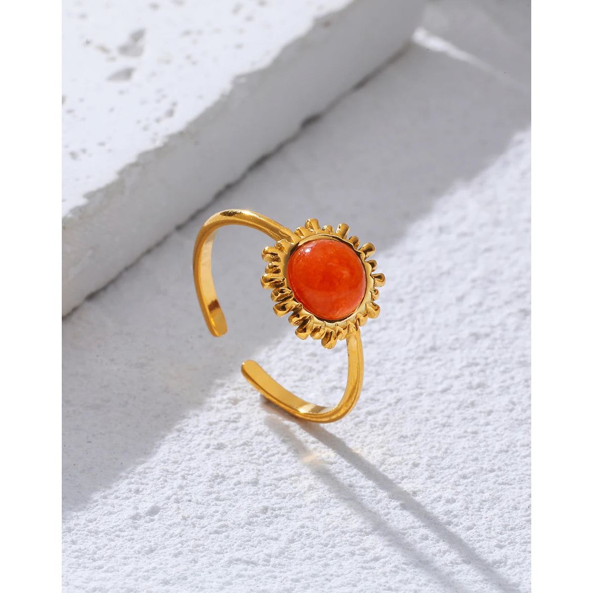 YACHAN Orange Natural Stone Stainless Steel Rings for Women Retro Luxury 18K Gold Plated Jewelry Waterproof