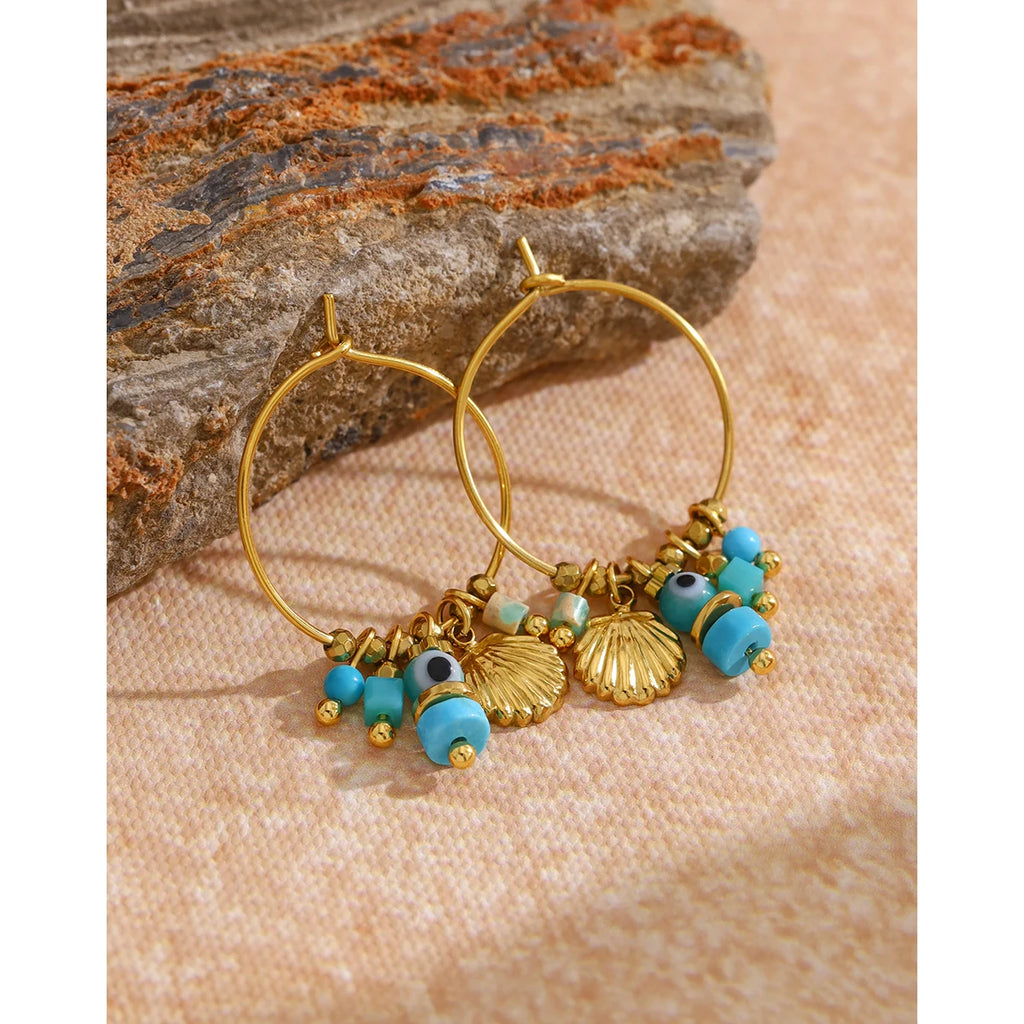 YACHAN Vintage Blue Stone Stainless Steel Hoop Earrings for Women Chic Charms Exquisite 18K Gold Plated Jewelry