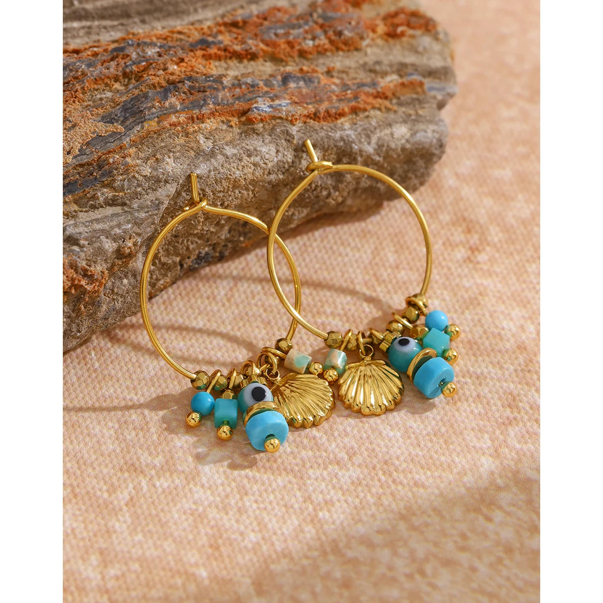 YACHAN Vintage Blue Stone Stainless Steel Hoop Earrings for Women Chic Charms Exquisite 18K Gold Plated Jewelry