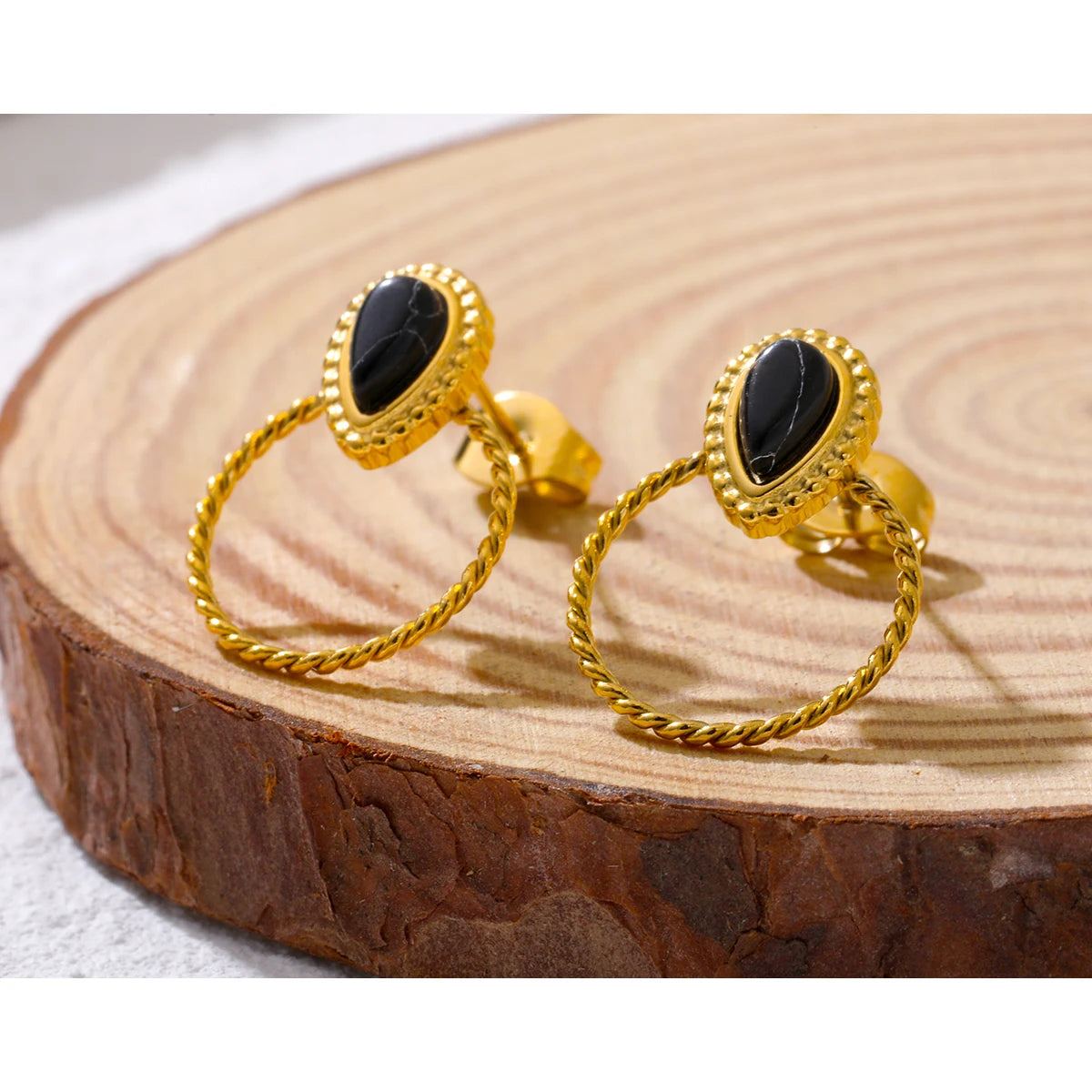 YACHAN Vintage Luxury Natural Stone Stainless Steel Stud Earrings for Women Simple Geometry 18K Gold Plated Waterproof Jewelry