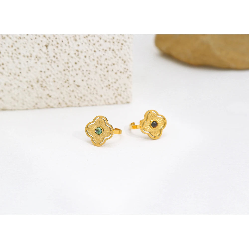 YACHAN Stainless Steel 18K Gold Plated Rings for Women Natural Stone Inlaid in Metal Texture Flowers Trendy Jewelry Gift