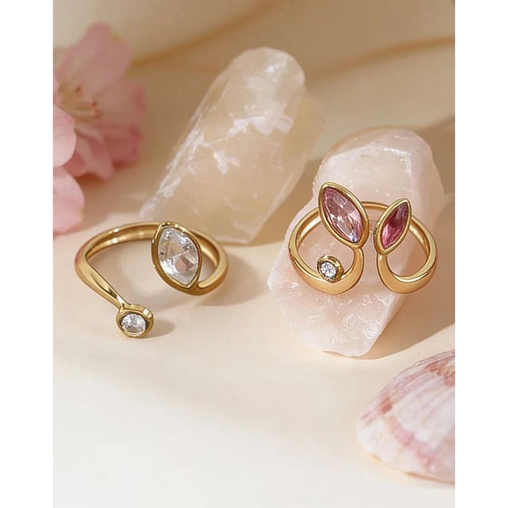 YACHAN New in Zircon Crystal Leaf Stainless Steel Rings for Women Chic Exquisite 18K Gold Plated Waterproof Jewelry