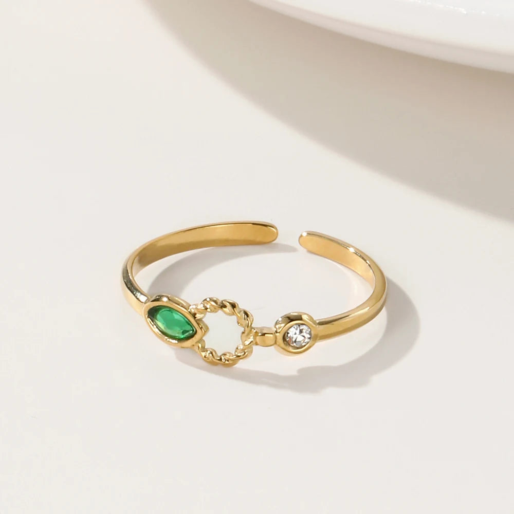 YACHAN Charm Light Green Zircon Crystal Thin Rings for Women Fashion Wedding Stainless Steel Gold Plated Ring Jewelry