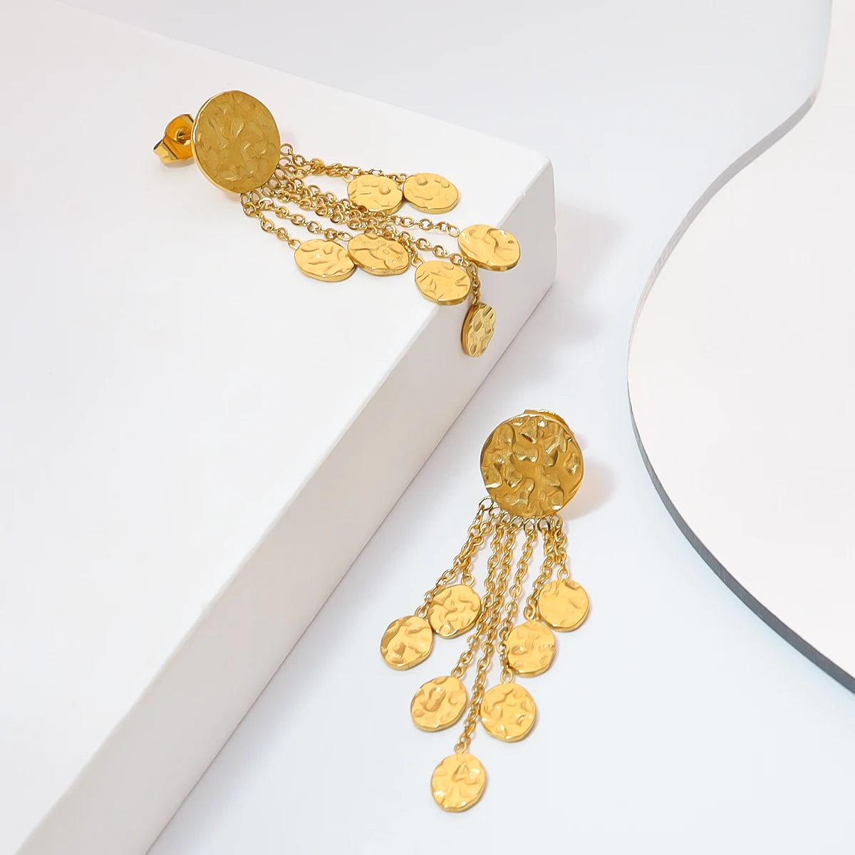 YACHAN 18K Gold Plated Stainless Steel Drop Earrings for Women Irregular Hammered Texture Charms Trendy Waterproof Jewelry
