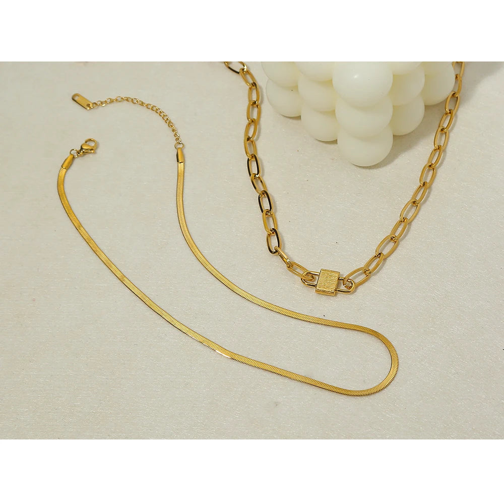 YACHAN 18K Gold Plated Stainless Steel Snake Chain Choker Necklaces for Women Punk Lock Charm Trendy Jewelry Gift