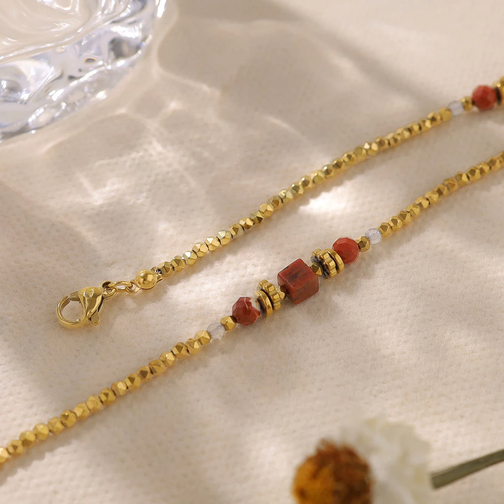 YACHAN 18K Gold Plated Stainless Steel Beaded Bracelet for Women Vintage Luxury Red Natural Stone Jewelry Waterproof