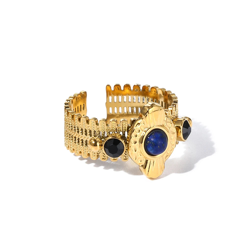 YACHAN Boho Vintage Stainless Steel Rings for Women Pink Natural Stone Lazurite 18K Gold Plated Aesthetic Trend Jewelry