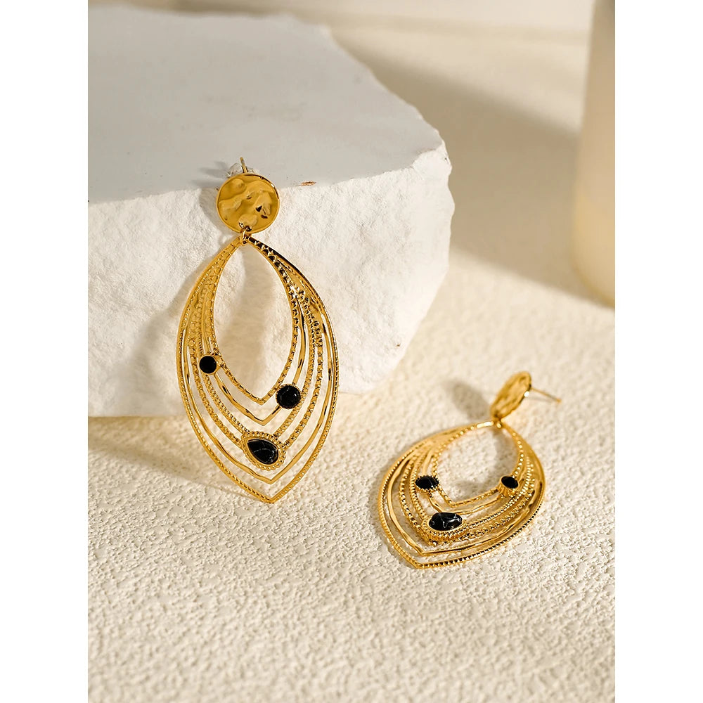 YACHAN Luxury Black Natural Stone Stainless Steel Drop Earrings for Women 18K Gold Plated Dangle Earrings Aesthetic Jewelry