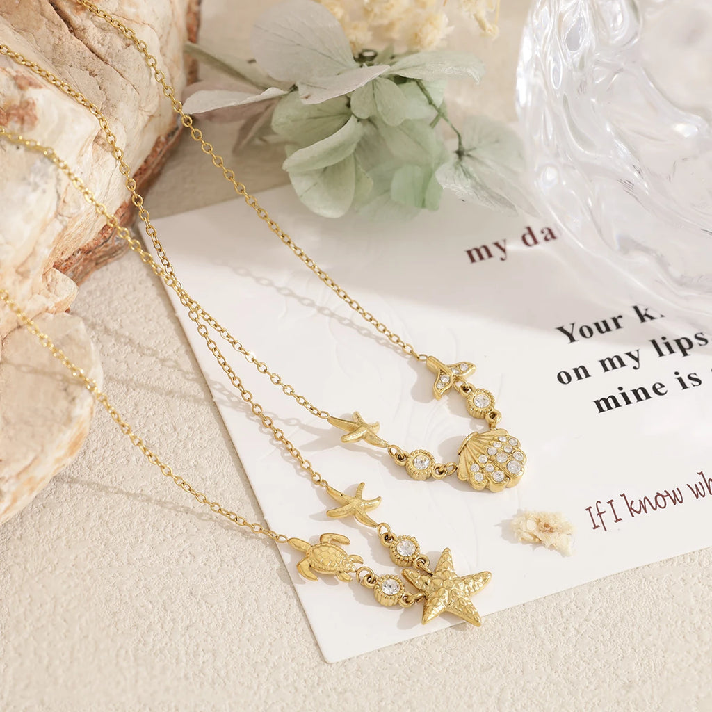 YACHAN Waterproof 18K Gold Plated Stainless Steel Ocean Beach Pendant Necklace for Women Turtle Starfish Charm Jewelry