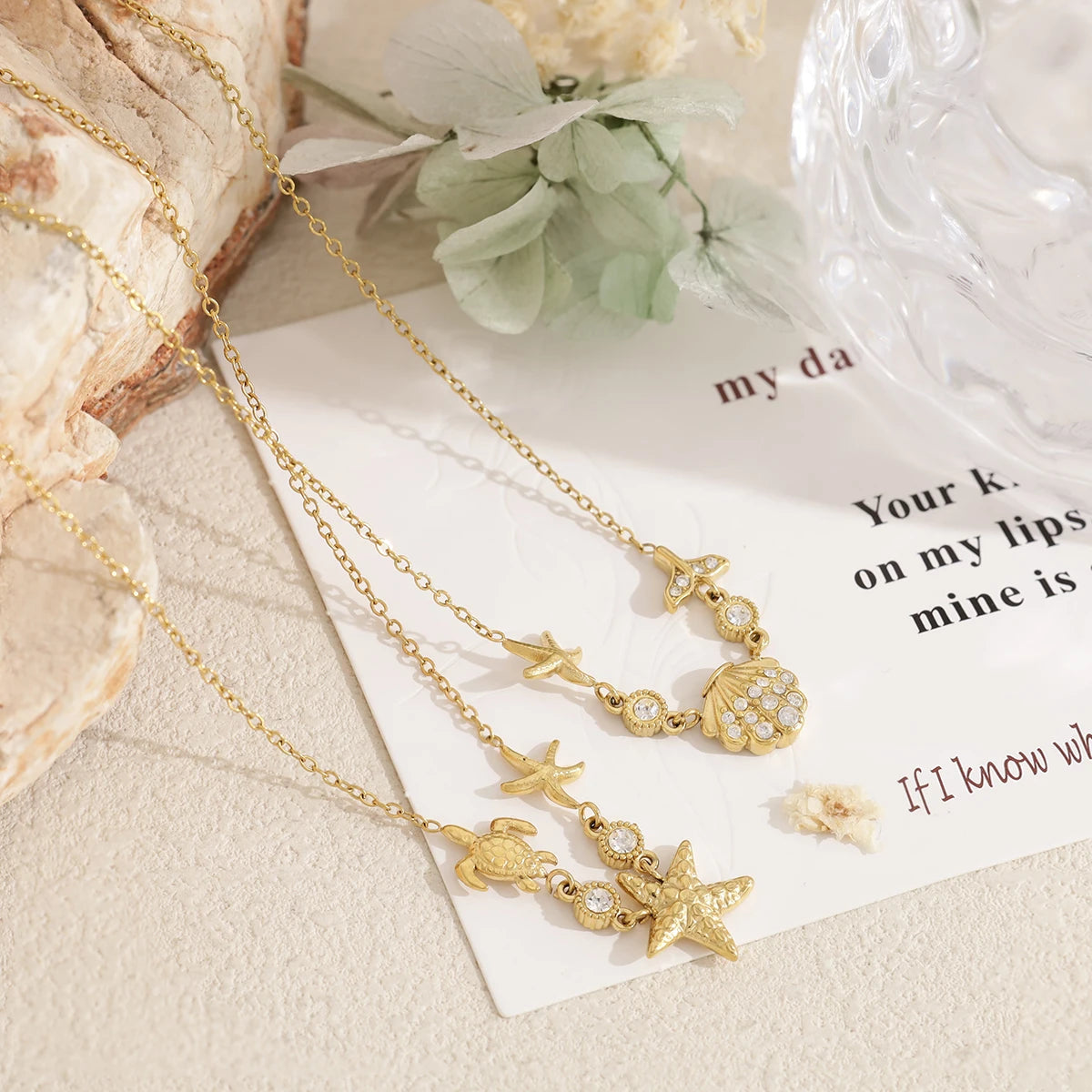 YACHAN Waterproof 18K Gold Plated Stainless Steel Ocean Beach Pendant Necklace for Women Turtle Starfish Charm Jewelry