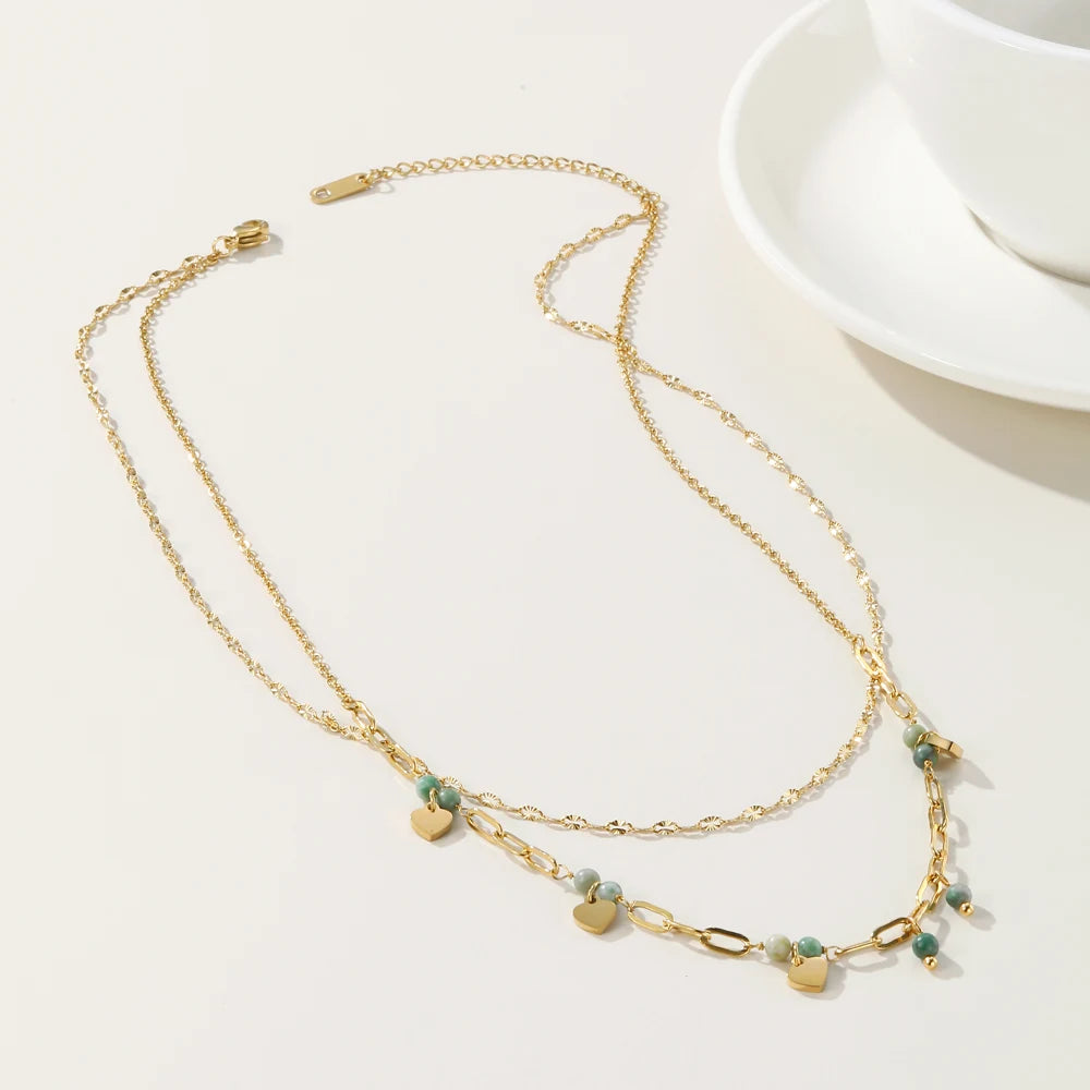YACHAN Double Layer Stainless Steel Chains Splice Necklace for Women 18K Gold Plated Chain Heart Pendant Necklaces Jewelry Gift