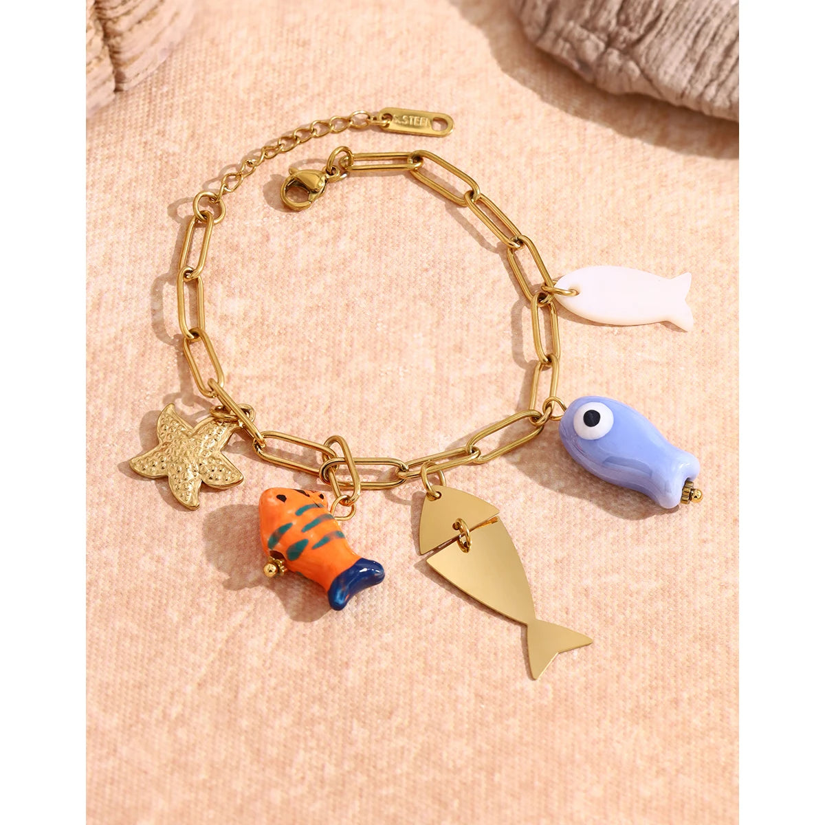 YACHAN Ocean Charms Stainless Steel Bracelet for Women Individual Ceramic Fish Pendants 18K Gold Plated Waterproof Jewelry