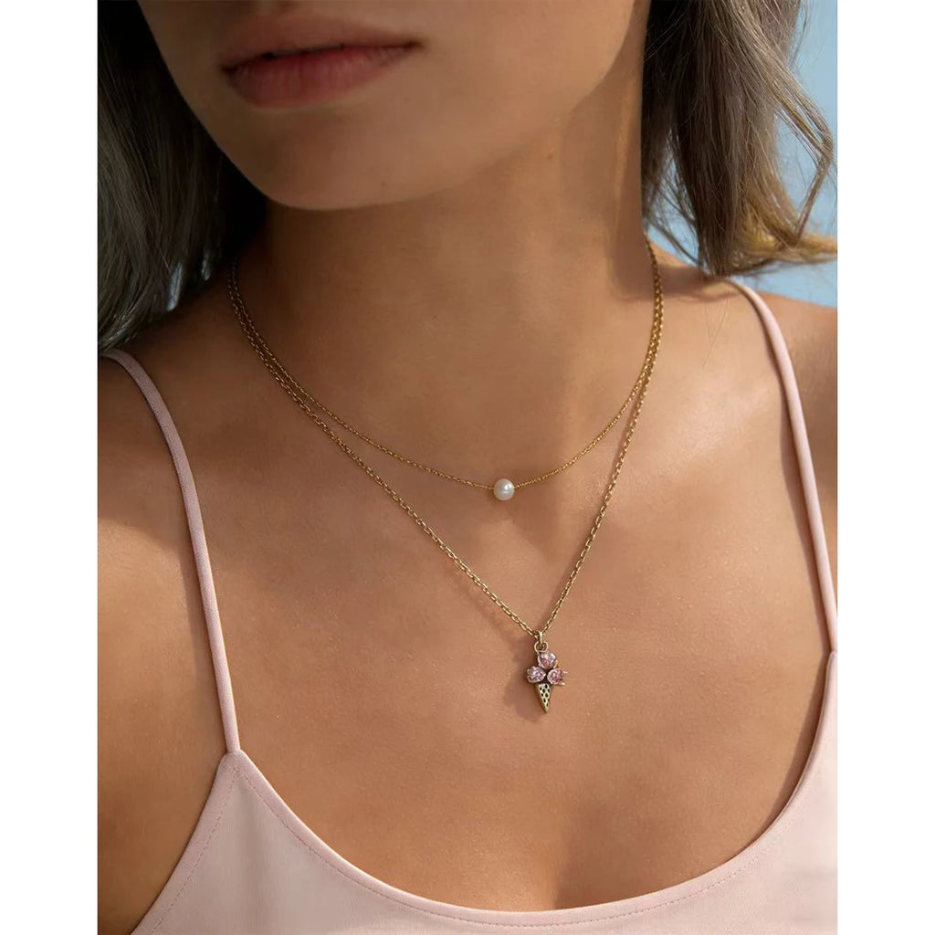 YACHAN Trendy Pink Crystal Ice Cream Pendant Necklace for Women Chic Cute Charm 18K Gold Plated Stainless Steel Jewelry
