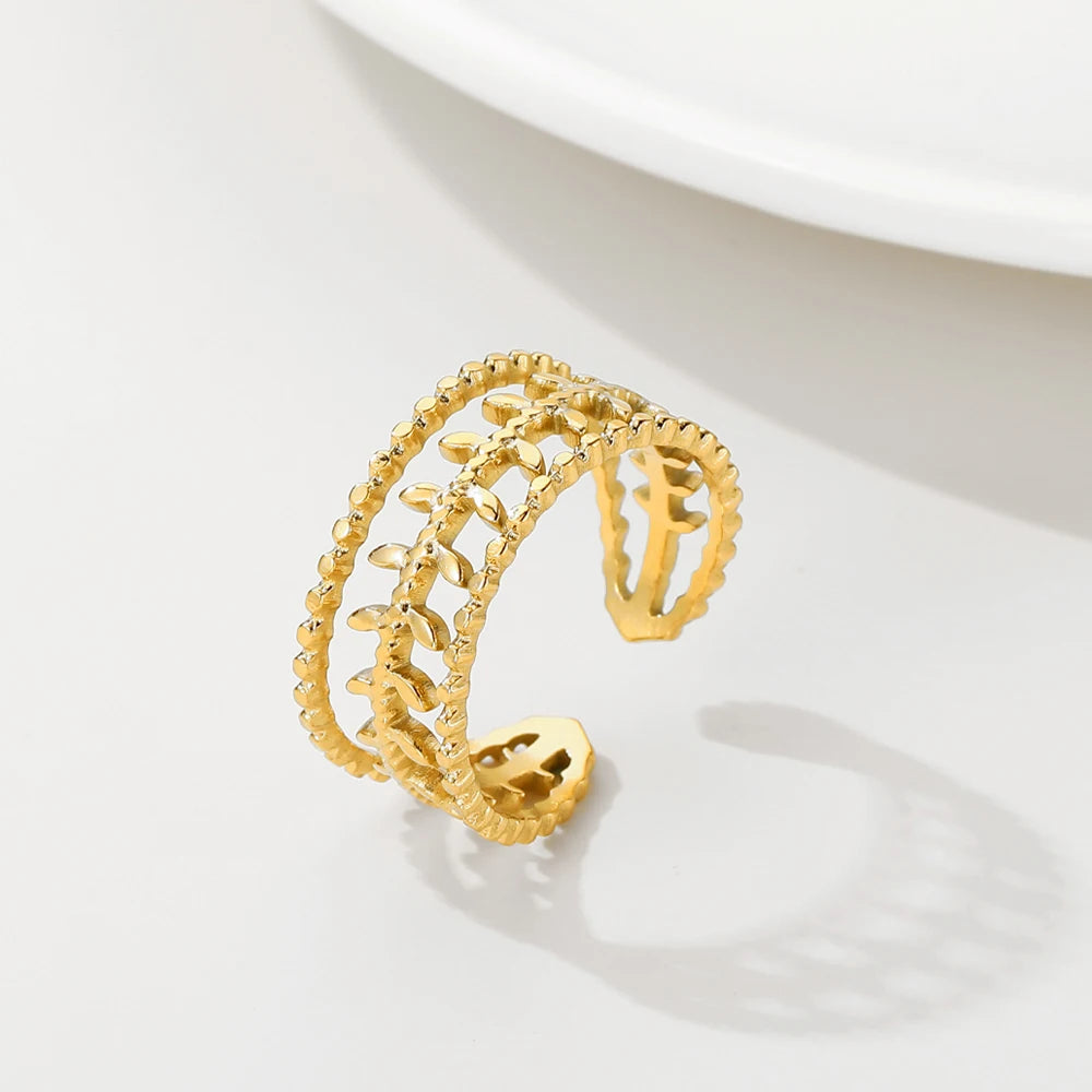 YACHAN Stainless Steel Gold Plated Rings for Women Adjustable Opening Simple Three Floors Leaves Ring Trendy Jewelry