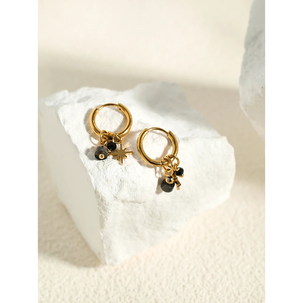 YACHAN 18K Gold Plated Stainless Steel Hoop Earrings for Women Natural Stone Star Charms Aesthetic Trendy Jewelry