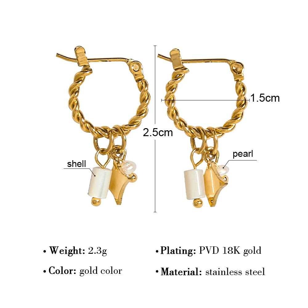 YACHAN 18K Gold Plated Stainless Steel Hoop Earrings for Women Pearl Shell Charms Trendy Jewelry Waterproof