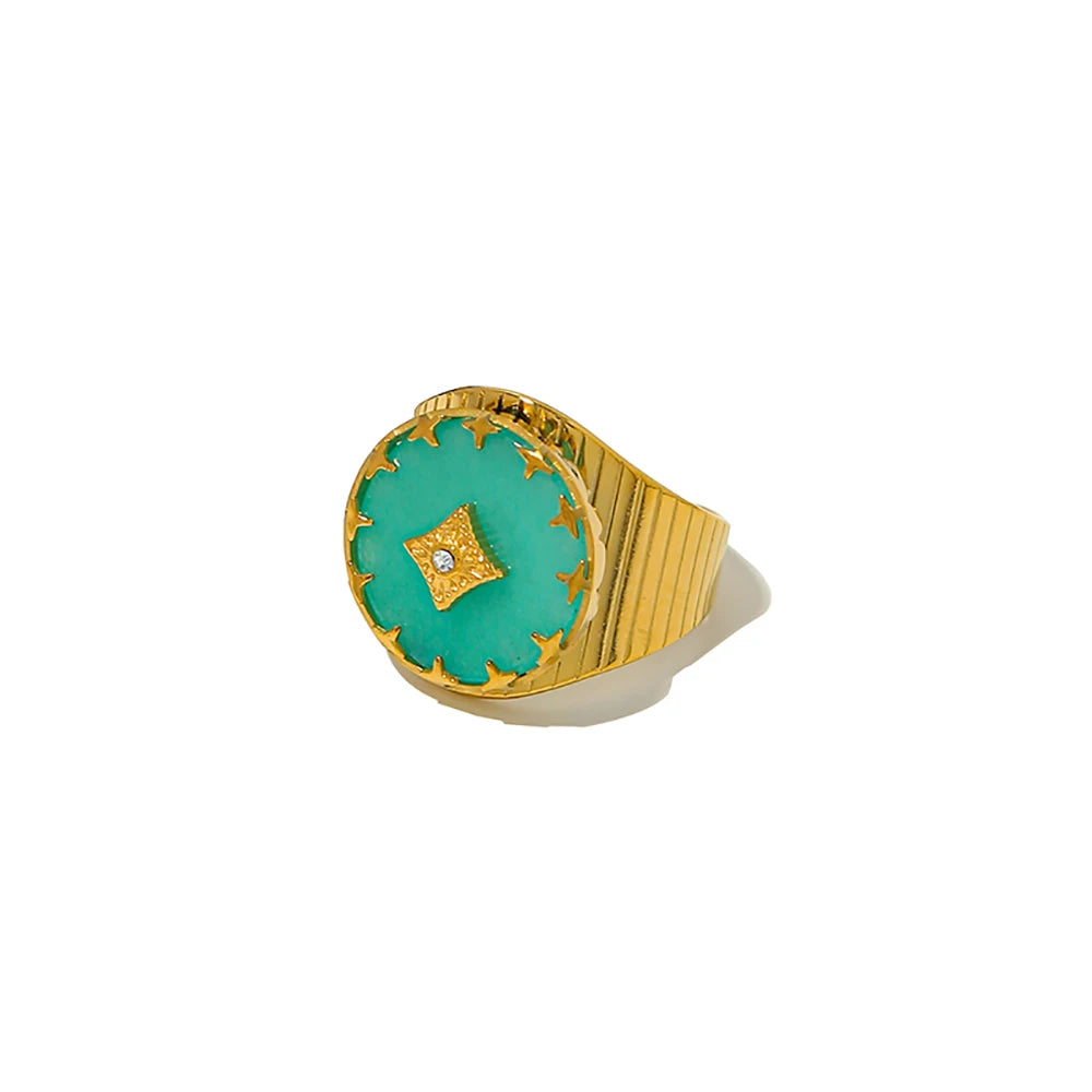 YACHAN 18K Gold-Plated Vintage Stainless Steel Rings for Women Natural Stone African Turquoise Waterproof Trendy Jewelry