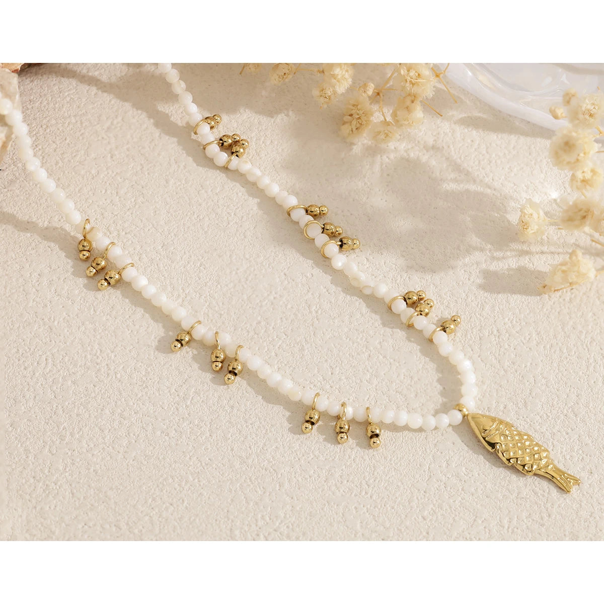 YACHAN Shell Beaded Necklace for Women 18K PVD Gold Plated Stainless Steel Fish Pendant Charm Ocean Waterproof Jewelry