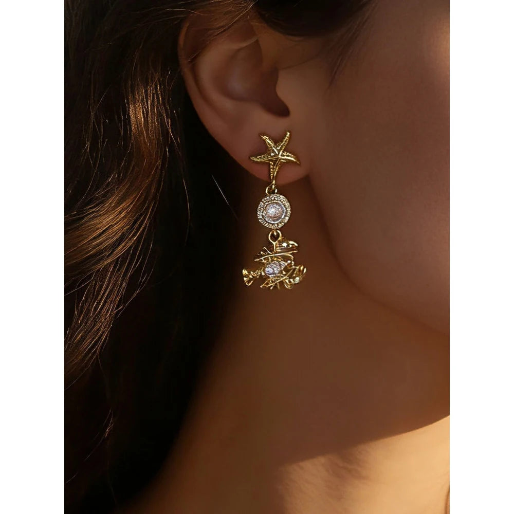 YACHAN 18K PVD Gold Plated Stainless Steel Dangle Earrings for Women Waterproof CZ Starfish Lobster Summer Ocean Beach Jewelry