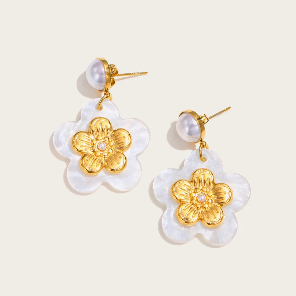 YACHAN New in 18K Gold Plated Stainless Steel Drop Earrings for Women Acrylic Flower Pearl Luxury Jewelry Waterproof