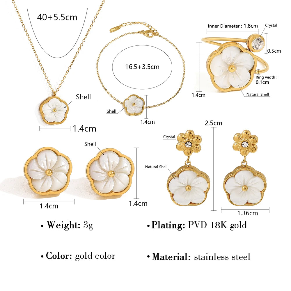 YACHAN White Shell Flower Series Stainless Steel Jewelry Earrings Ring Bracelet Necklace 18K Gold Plated Jewelry Sets Waterproof