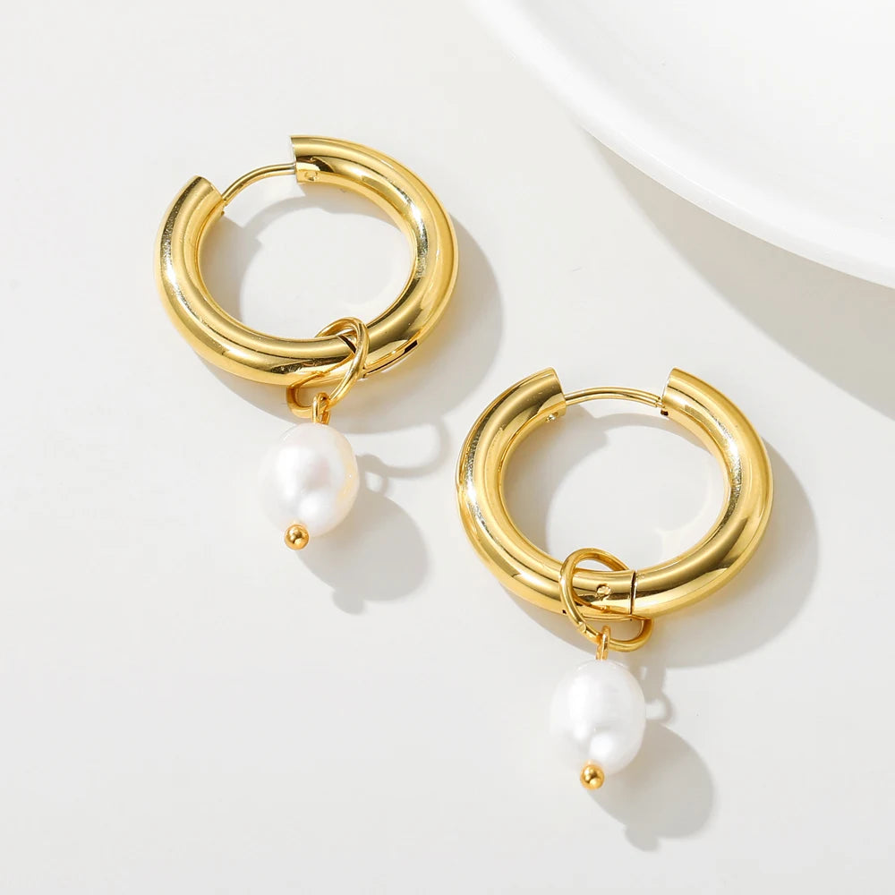 YACHAN Fashion Pearl Pendant Drop Earrings for Women Stainless Steel Hoop High Quality Waterproof Jewelry