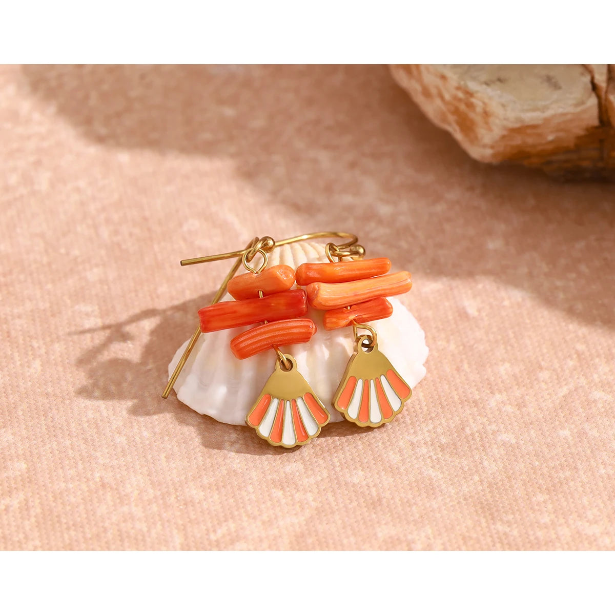 YACHAN New in Trendy Stainless Steel Shell Charm Earrings for Women Vintage Chic Orange Coral 18K Gold Plated Waterproof Jewelry