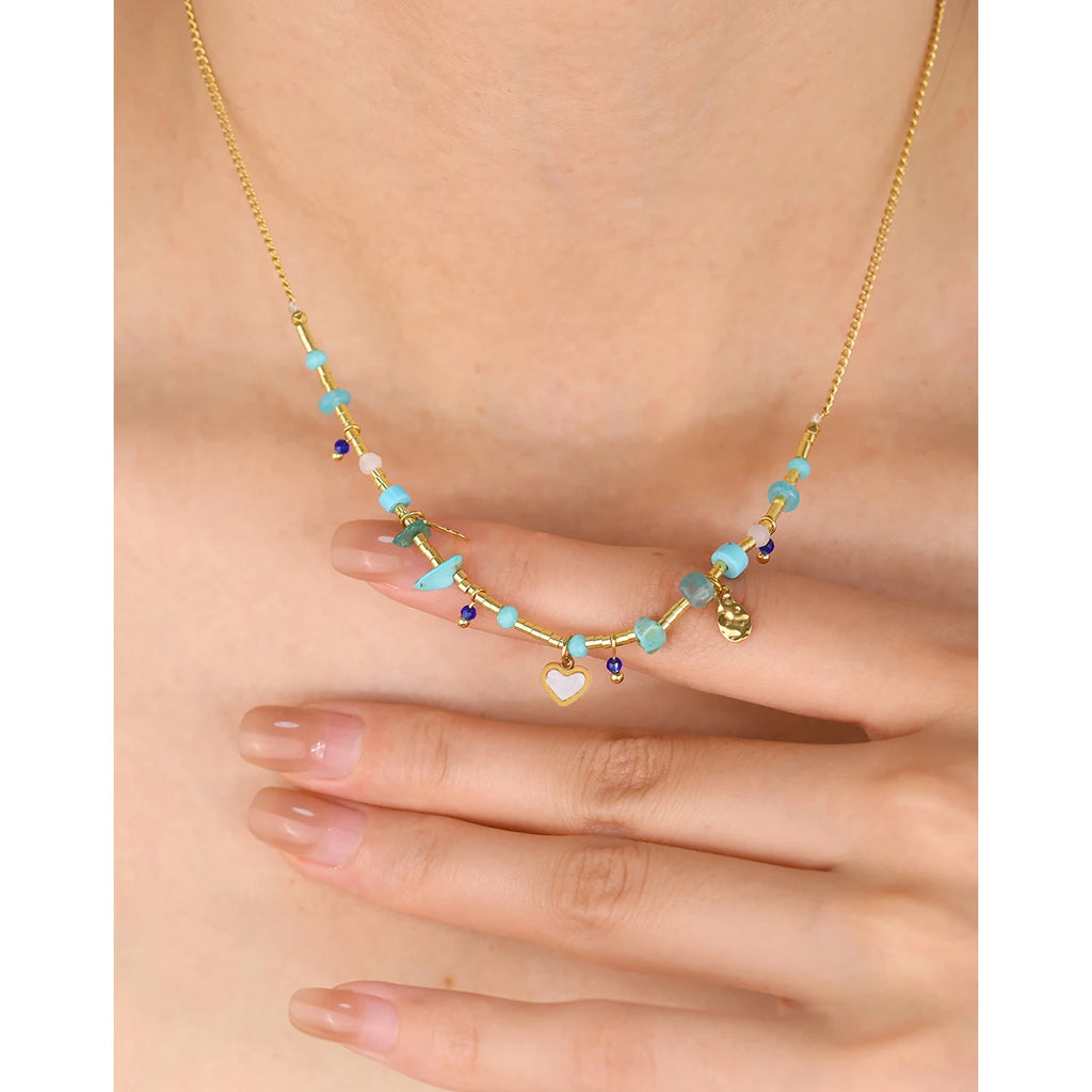 YACHAN Boho Luxury Natural Stone Stainless Steel Necklace for Women Vintage Ethnic Chic 18K Gold Plated Trendy Jewelry