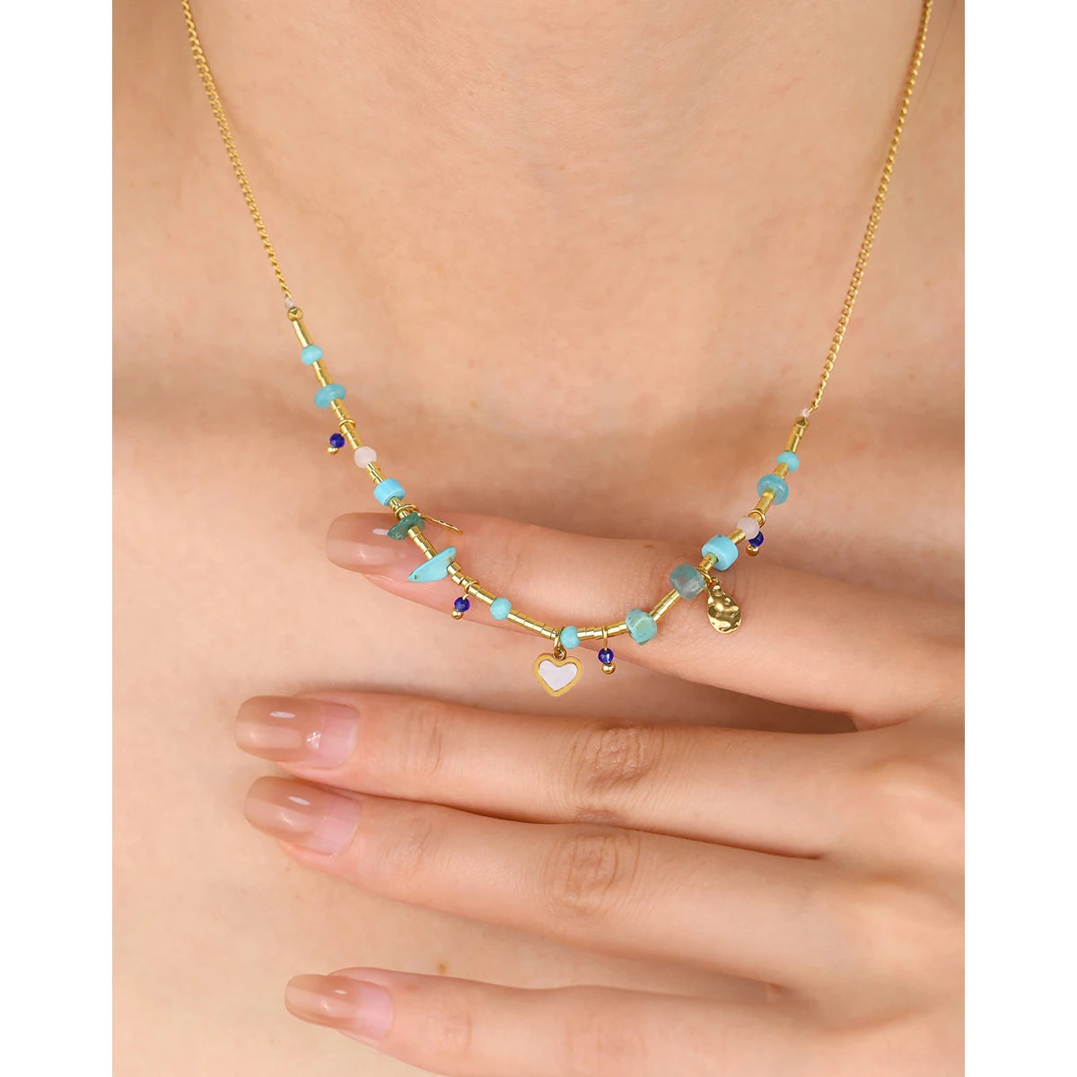 YACHAN Boho Luxury Natural Stone Stainless Steel Necklace for Women Vintage Ethnic Chic 18K Gold Plated Trendy Jewelry