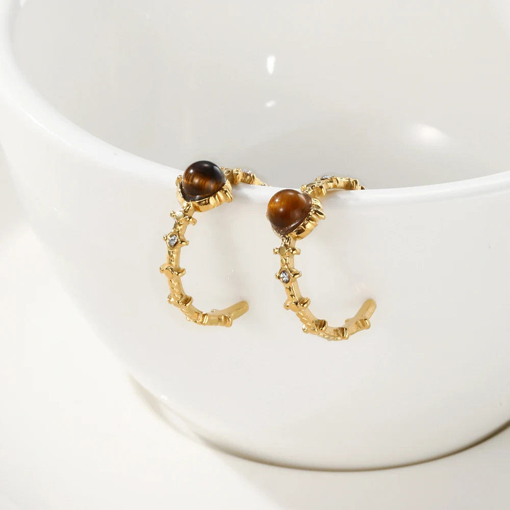 YACHAN 18K Gold Plated Stainless Steel Hoop Earrings for Women Amber Natural Stone Crystal Irregular Earring Trendy Jewelry Gift