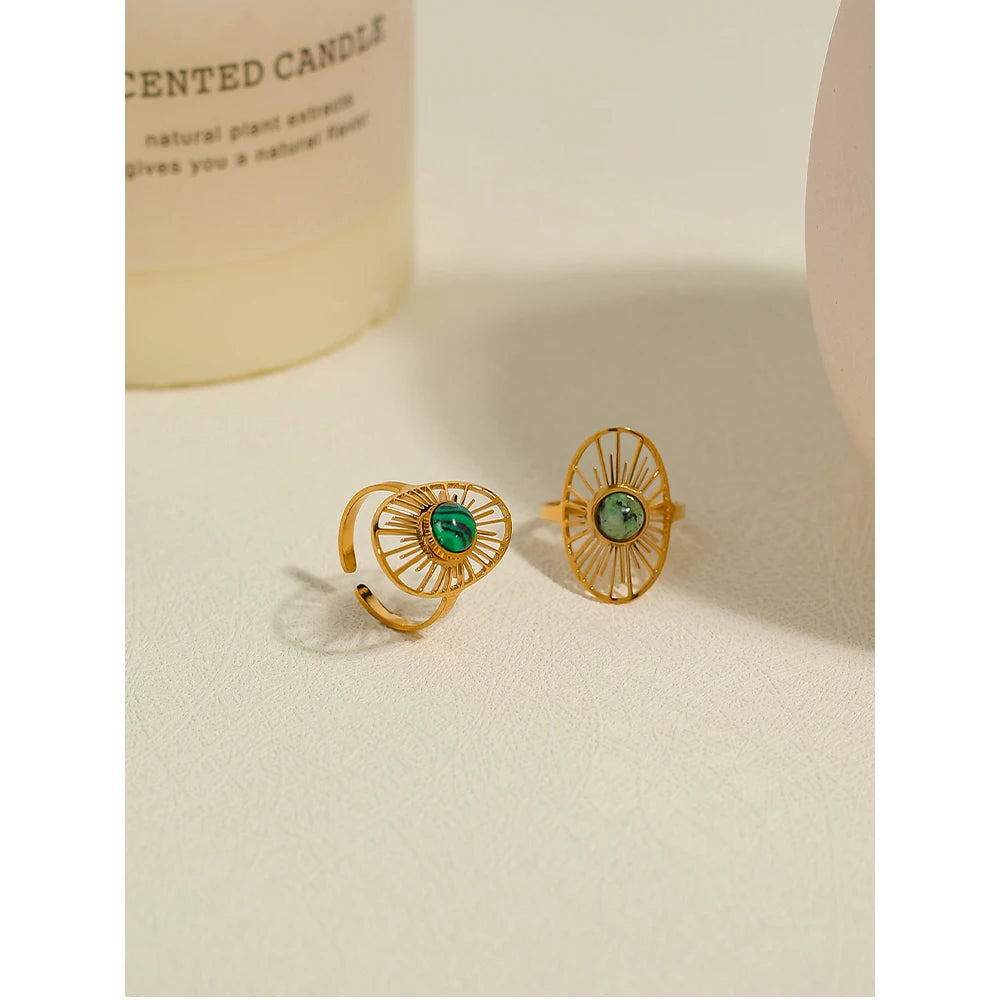 YACHAN Stainless Steel 18 K Gold Plated Sun Rings for Women Natural Stone Inlaid in Hollow Metal Texture Ring Trendy Jewelry