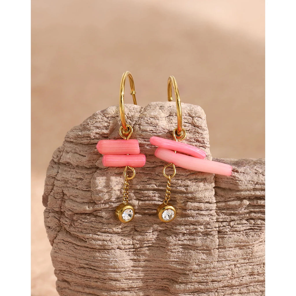 YACHAN Irregular Pink Coral Irregular Dangle Earrings for Women Trendy Elegant Charm 18K Gold Plated Stainless Steel Jewelry