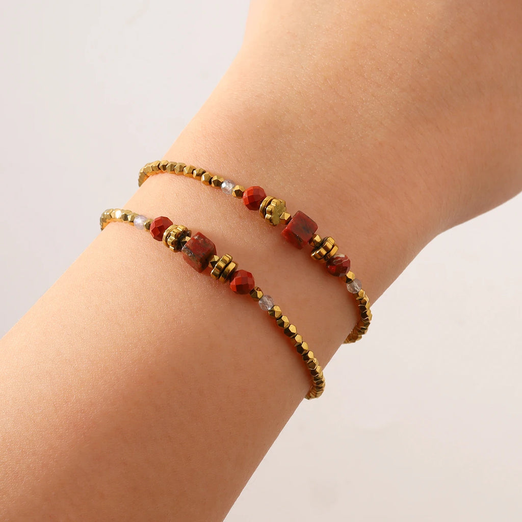 YACHAN 18K Gold Plated Stainless Steel Beaded Bracelet for Women Vintage Luxury Red Natural Stone Jewelry Waterproof