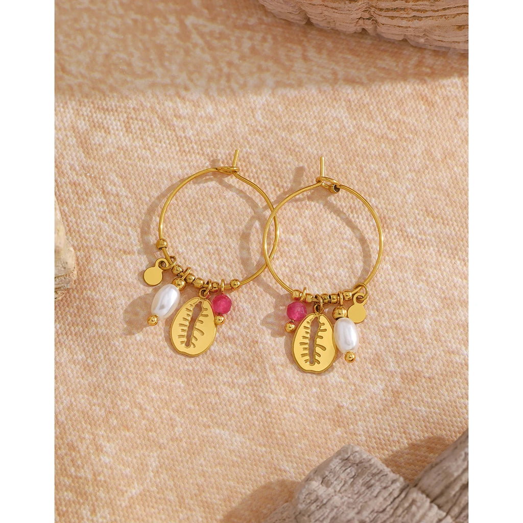 YACHAN 18K Gold Plated Stainless Steel Hoop Earrings for Women Vintage Chic Shell Pearl Charms Trendy Waterproof Jewelry