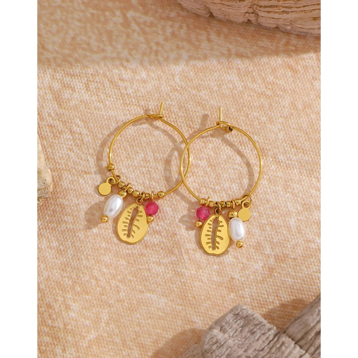 YACHAN 18K Gold Plated Stainless Steel Hoop Earrings for Women Vintage Chic Shell Pearl Charms Trendy Waterproof Jewelry