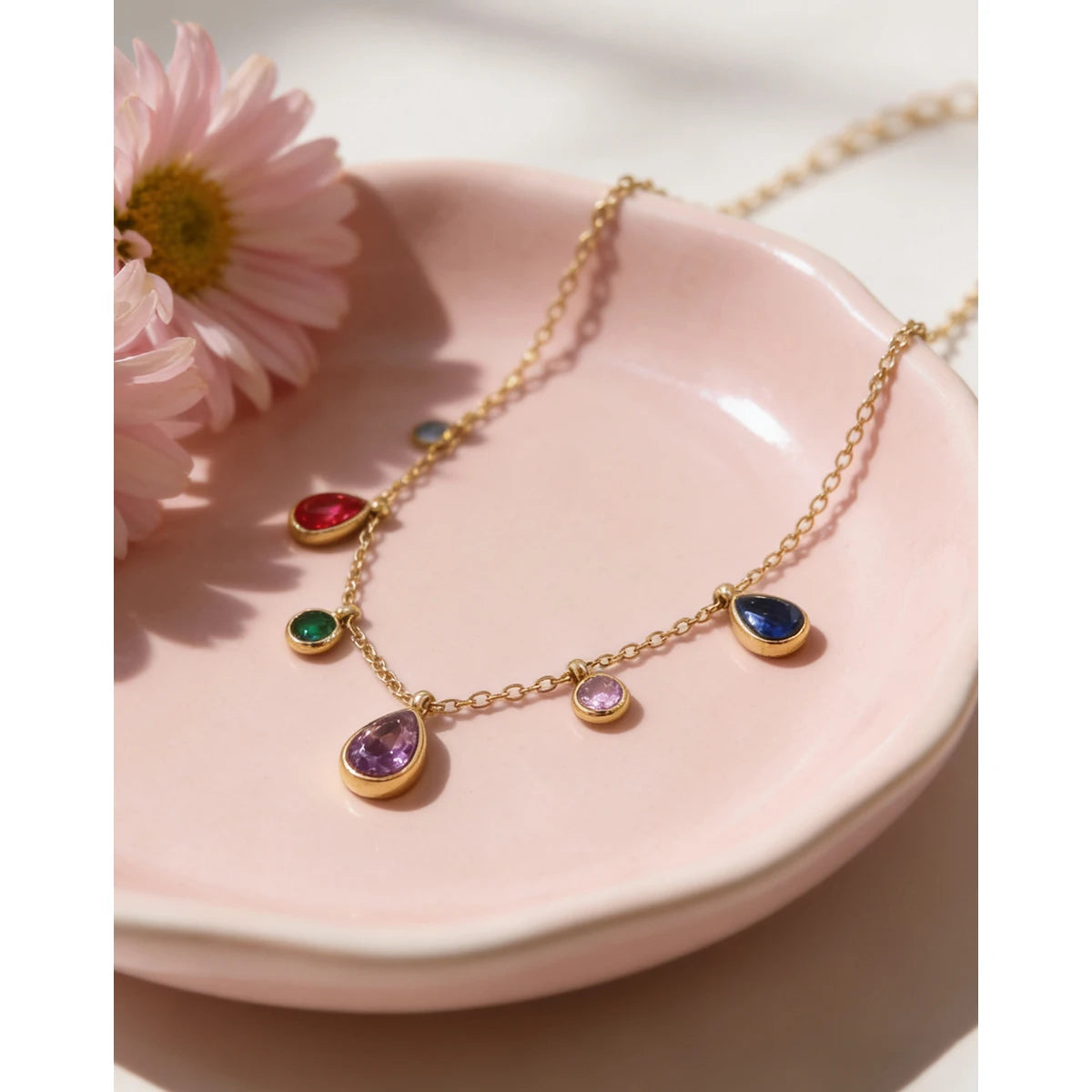 YACHAN Colorful Zircon Crystal Charm Stainless Steel Necklace for Women Chic Luxury Vintage 18K Gold Plated Jewelry