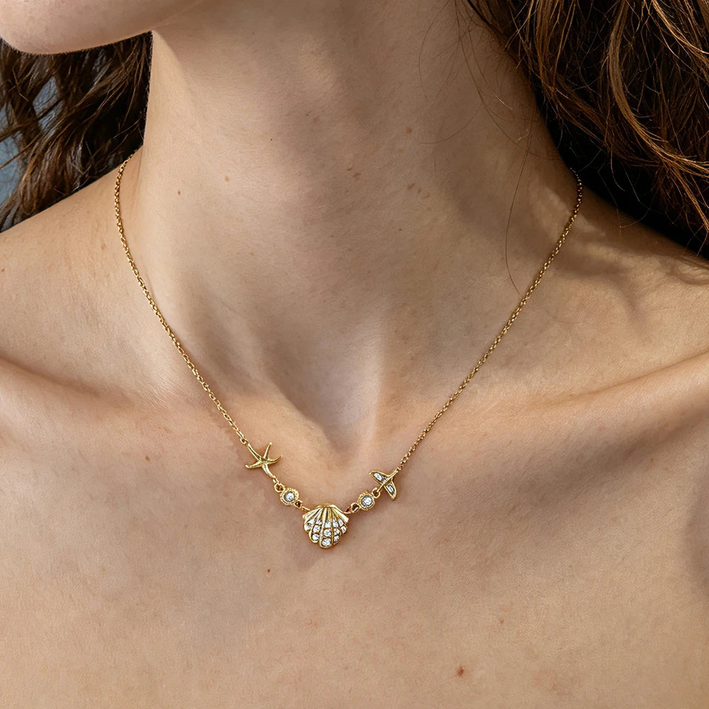 YACHAN Waterproof 18K Gold Plated Stainless Steel Ocean Beach Pendant Necklace for Women Turtle Starfish Charm Jewelry