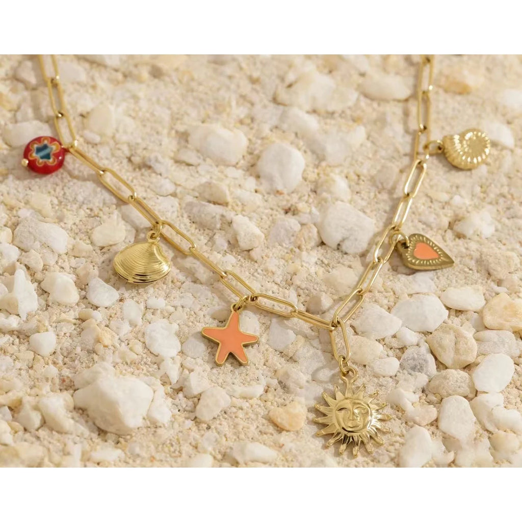 YACHAN Ocean Series Stainless Steel Charms Necklace for Women Vintage Trendy 18K Gold Plated Vacation Jewelry Waterproof