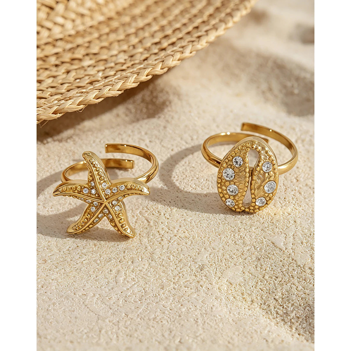 YACHAN 18K Gold Plated Starfish Rings for Women Waterproof Stainless Steel Adjustable Open Ring Ocean Beach Trendy Jewelry