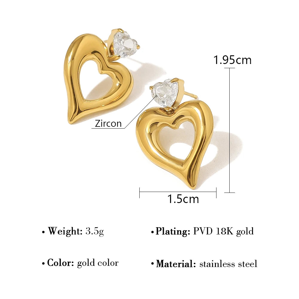YACHAN Luxury Zircon Love Heart Stainless Steel Earrings for Women Chic 18K Gold Plated Waterproof Trendy Jewelry