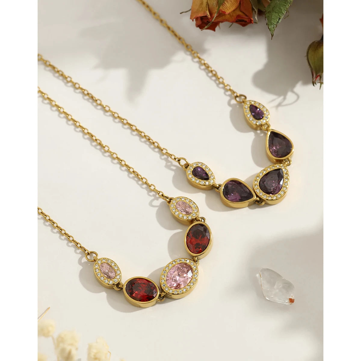 YACHAN Luxury Purple Zircon Crystal Stainless Steel Necklaces for Women Chic Vintage 18K Gold Plated Trendy Waterproof Jewelry